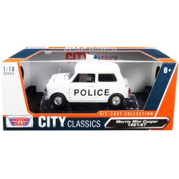 1961-1967 Morris Mini Cooper RHD (Right Hand Drive) 'Police' White 'City Classics' Series 1/18 Diecast Model Car by Motormax