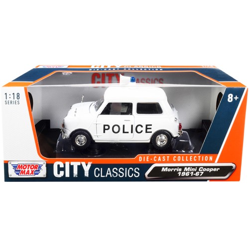 1961-1967 Morris Mini Cooper RHD (Right Hand Drive) 'Police' White 'City Classics' Series 1/18 Diecast Model Car by Motormax