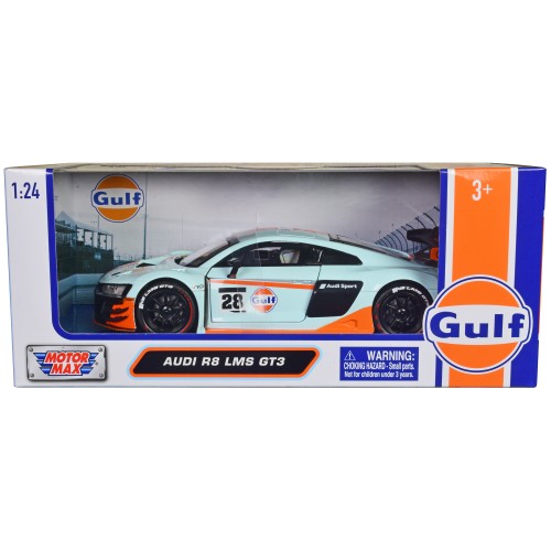 Audi R8 LMS GT3 #28 Light Blue with Orange Stripes 'Gulf Oil' 'Gulf Die-Cast Collection' 1/24 Diecast Model Car by Motormax