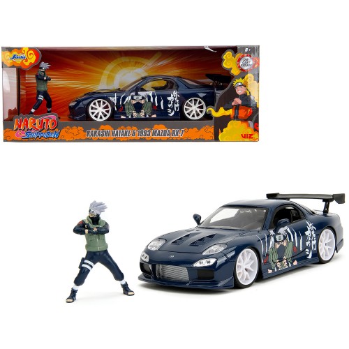 1993 Mazda RX-7 Dark Blue with Graphics and Kakashi Hatake Diecast Figure 'Naruto Shippuden' (2009-2017) TV Series 'Anime Hollywood Rides' Series 1/24 Diecast Model Car by Jada