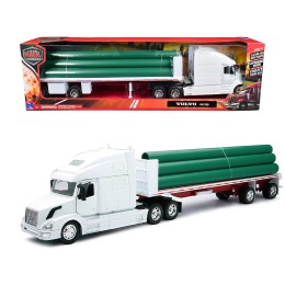 Volvo VN-780 Truck with Flatbed Trailer and Long Pipes White 'Long Haul Truckers' Series 1/32 Diecast Model by New Ray