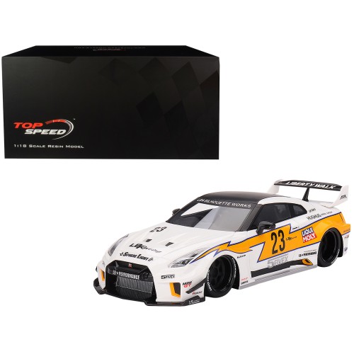 Nissan LB-Silhouette WORKS GT 35GT-RR Ver.1 RHD (Right Hand Drive) #23 White with Yellow Stripes 'LB Racing' 1/18 Model Car by Top Speed