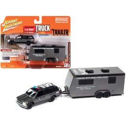 1997 Chevrolet Tahoe 'SWAT' Custom Gray Metallic and Black with 'Twin Cities Police' Camper Trailer Limited Edition to 9892 pieces Worldwide 'Truck and Trailer' Series 1/64 Diecast Model Car by Johnny Lightning
