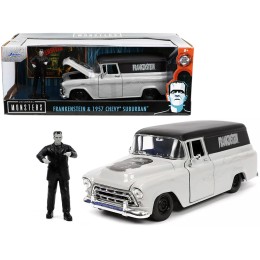 1957 Chevrolet Suburban Gray and Black with Graphics and Frankenstein Diecast Figurine 'Universal Monsters' 'Hollywood Rides' Series 1/24 Diecast Model Car by Jada