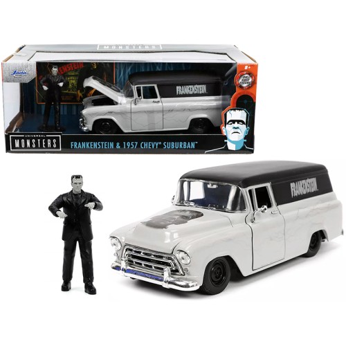 1957 Chevrolet Suburban Gray and Black with Graphics and Frankenstein Diecast Figurine 'Universal Monsters' 'Hollywood Rides' Series 1/24 Diecast Model Car by Jada