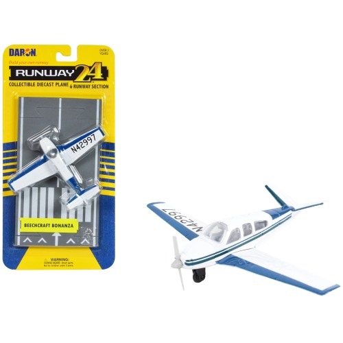 Beechcraft Bonanza Aircraft White with Blue Stripes 'N42997' with Runway Section Diecast Model Airplane by Runway24