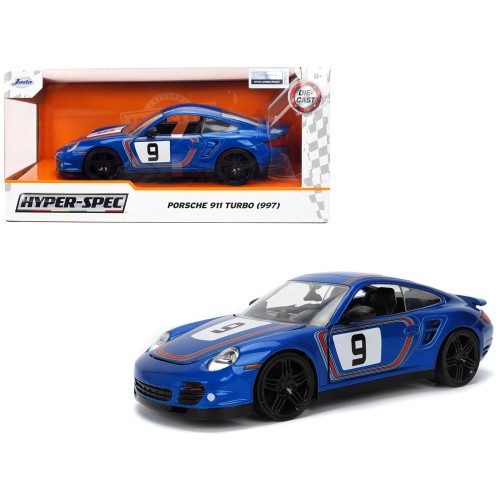 Porsche 911 Turbo (997) #9 Blue Metallic with Stripes 'Hyper-Spec' Series 1/24 Diecast Model Car by Jada
