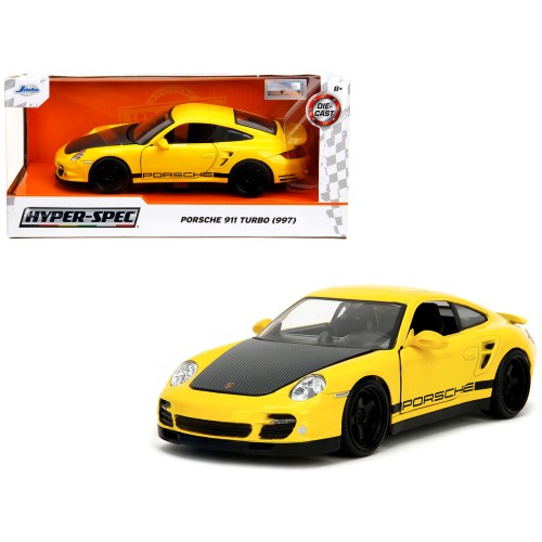 Porsche 911 Turbo (997) Yellow with Carbon Hood 'Hyper-Spec' Series 1/24 Diecast Model Car by Jada