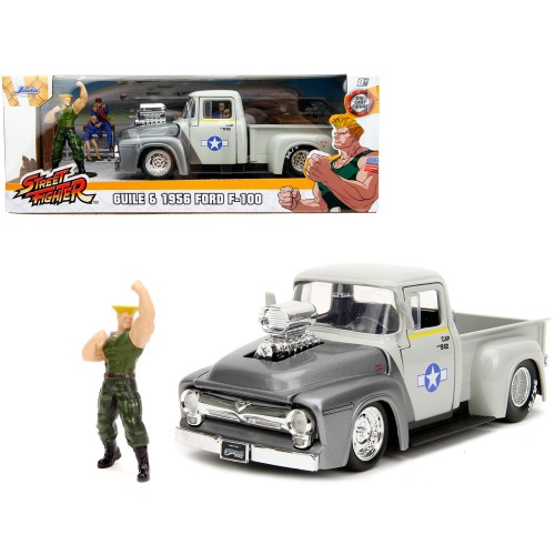 1956 Ford F-100 Pickup Truck Tan and Gray Metallic and Guile Diecast Figure 'Street Fighter' Video Game 'Anime Hollywood Rides' Series 1/24 Diecast Model Car by Jada