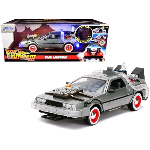 DeLorean Brushed Metal Time Machine with Lights 'Back to the Future Part III' (1990) Movie 'Hollywood Rides' Series 1/24 Diecast Model Car by Jada