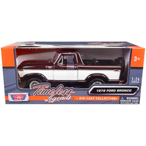 1978 Ford Bronco Ranger XLT (Open Top) with Spare Tire Burgundy Metallic and White 'Timeless Legends' Series 1/24 Diecast Model Car by Motormax
