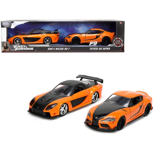 Han's Mazda RX-7 Orange Metallic and Matt Black and Toyota GR Supra Orange Metallic with Black Hood Set of 2 pieces 'Fast & Furious' Series 1/32 Diecast Model Cars by Jada