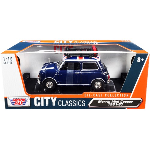 1961-1967 Morris Mini Cooper RHD (Right Hand Drive) Dark Blue with British Flag on the Top and Roof Rack 'City Classics' Series 1/18 Diecast Model Car by Motormax