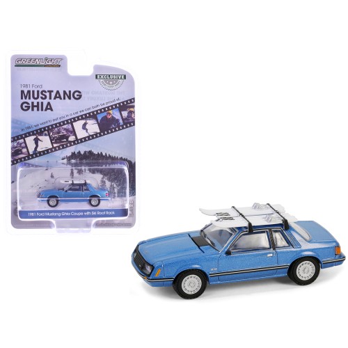 1981 Ford Mustang Ghia Coupe Blue Glow Metallic with Ski Roof Rack 'Hobby Exclusive' Series 1/64 Diecast Model Car by Greenlight