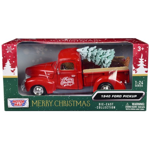 1940 Ford Pickup Truck Red 'Merry Christmas' with Tree Accessory 1/24 Diecast Model Car by Motormax