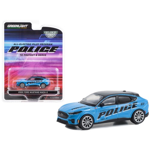2022 Ford Mustang Mach-E Police Blue with Black Top 'All-Electric Pilot Program Vehicle' 'Hobby Exclusive' Series 1/64 Diecast Model Car by Greenlight