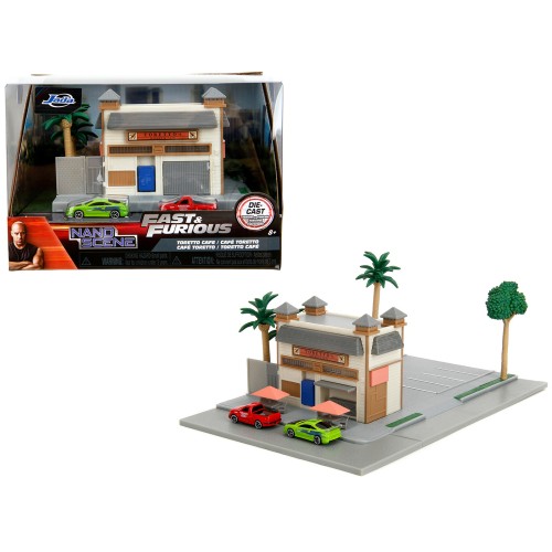 Toretto Cafe Diorama with Mitsubishi Eclipse Green and Ford F-150 SVT Lightning Red 'Fast and Furious' 'Nano Scene' Series Model by Jada
