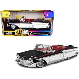 1958 Chevrolet Impala Convertible Lowrider Black and White with Red Interior 'Get Low' Series 1/24 Diecast Model Car by Motormax