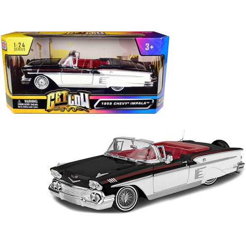 1958 Chevrolet Impala Convertible Lowrider Black and White with Red Interior 'Get Low' Series 1/24 Diecast Model Car by Motormax
