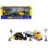 Peterbilt Roll-Off Flatbed Truck Yellow and New Holland L228 Skid Steer Yellow with Road Signs 'New Holland Construction' Series 1/43 Diecast Model by New Ray