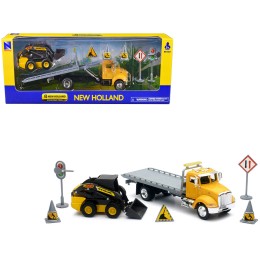 Peterbilt Roll-Off Flatbed Truck Yellow and New Holland L228 Skid Steer Yellow with Road Signs 'New Holland Construction' Series 1/43 Diecast Model by New Ray