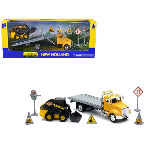 Peterbilt Roll-Off Flatbed Truck Yellow and New Holland L228 Skid Steer Yellow with Road Signs 'New Holland Construction' Series 1/43 Diecast Model by New Ray