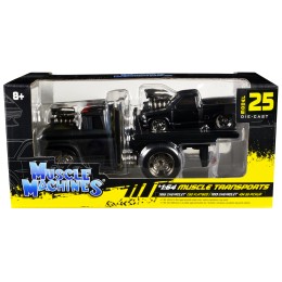 1966 Chevrolet C60 Flatbed Truck Matt Black and 1993 Chevrolet 454 SS Pickup Truck Matt Black 'Muscle Transports' Series 1/64 Diecast Models by Muscle Machines