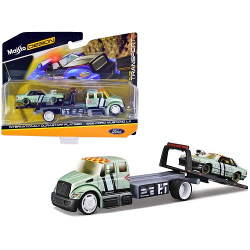 International DuraStar Flatbed Truck #17 and 1988 Ford Mustang LX #17 Light Green Metallic with Stripes and Graphics 'Elite Transport' Series 1/64 Diecast Models by Maisto