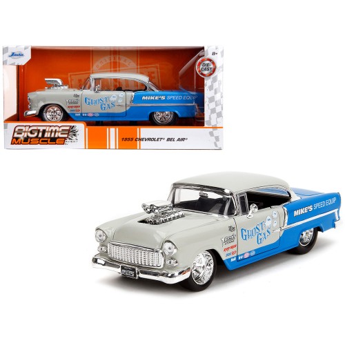 1955 Chevrolet Bel Air 'Ghost Gas - Mike's Speed Equip' Light Gray and Blue 'Bigtime Muscle' Series 1/24 Diecast Model Car by Jada