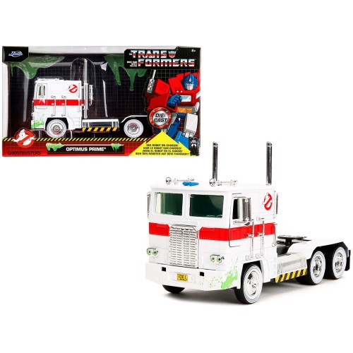 G1 Autobot Optimus Prime Truck White with Robot on Chassis from 'Transformers' TV Series - 'Ghostbusters' (1984) Movie Crossover 'Hollywood Rides' Series 1/24 Diecast Model by Jada