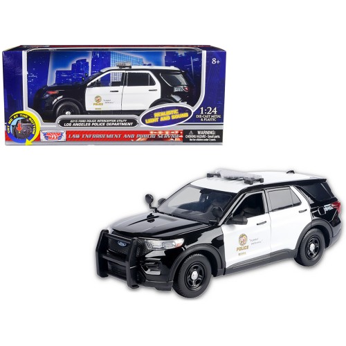 2015 Ford Police Interceptor Utility Black and White 'Los Angeles Police Department (LAPD)' with Flashing Light Bar and Front and Rear Lights and Sounds 1/24 Diecast Model Car by Motormax