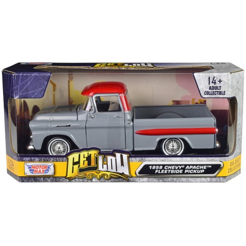 1958 Chevrolet Apache Fleetside Pickup Truck Lowrider Gray with Red Top 'Get Low' Series 1/24 Diecast Model Car by Motormax