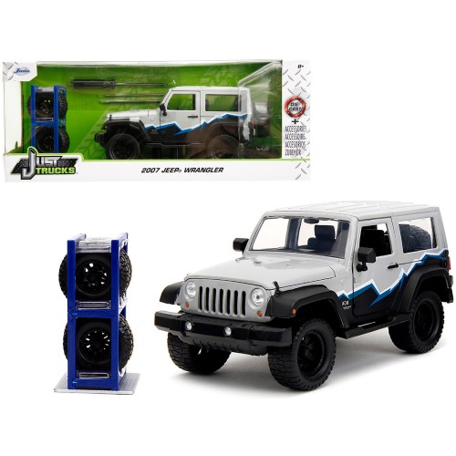 2007 Jeep Wrangler Gray and Black with Blue and White Stripes with Extra Wheels 'Just Trucks' Series 1/24 Diecast Model Car by Jada