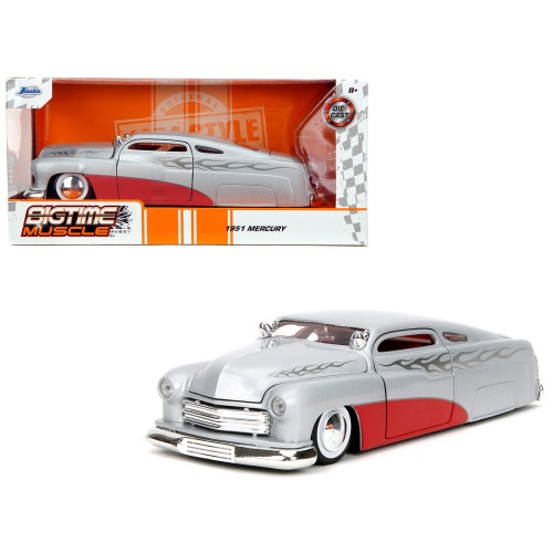 1951 Mercury Silver Metallic and Red with Flame Graphics and Red Interior 'Bigtime Muscle' Series 1/24 Diecast Model Car by Jada