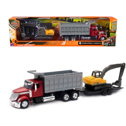 International Lonestar Dump Truck Red and Tracked Excavator Yellow with Flatbed Trailer 'Long Haul Truckers' Series 1/43 Diecast Model by New Ray