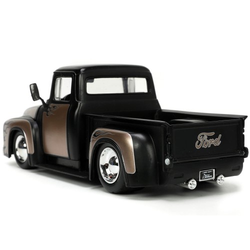 1956 Ford F-100 Pickup Truck Matt Black and Champagne with Flames with Extra Wheels 'Just Trucks' Series 1/24 Diecast Model Car by Jada
