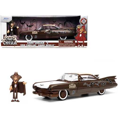 1959 Cadillac Coupe DeVille Brown and White with Graphics and Count Chocula Diecast Figurine 'Hollywood Rides' Series 1/24 Diecast Model Car by Jada