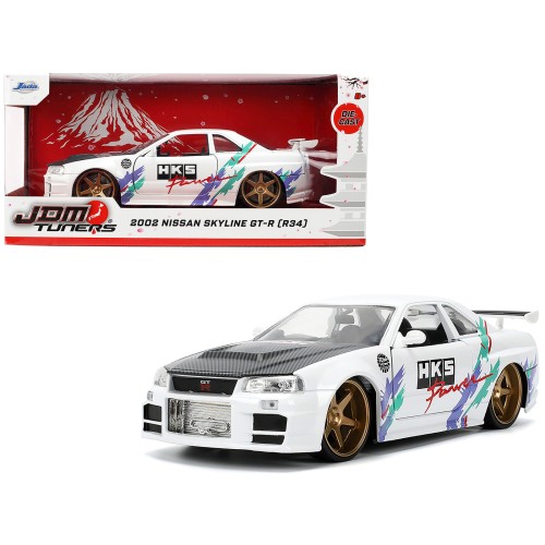 2002 Nissan Skyline GT-R (R34) RHD (Right Hand Drive) 'HKS Power' White with Carbon Hood and Graphics 'JDM Tuners' Series 1/24 Diecast Model Car by Jada