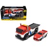 JDM Flatbed Truck #46 Red and White with Blue Stripes and 1972 Datsun 240Z #46 Red and White with Blue Stripes 'BRE' 'Muscle Transports' Series 1/64 Diecast Models by Muscle Machines