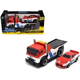 JDM Flatbed Truck #46 Red and White with Blue Stripes and 1972 Datsun 240Z #46 Red and White with Blue Stripes 'BRE' 'Muscle Transports' Series 1/64 Diecast Models by Muscle Machines