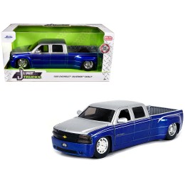 1999 Chevrolet Silverado Dually Pickup Truck Blue Metallic and Silver with Stock Wheels 'Just Trucks' Series 1/24 Diecast Model Car by Jada