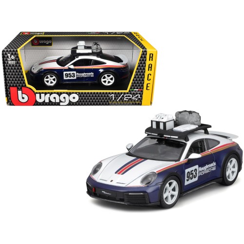Porsche 911 Dakar #953 'Roughroads Porsche' Blue and White with Stripes and Roof Rack 'Race' Series 1/24 Diecast Model Car by Bburago