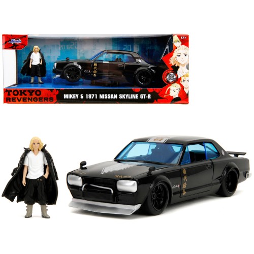 1971 Nissan Skyline GT-R RHD (Right Hand Drive) Black with Silver Stripe and Mikey Diecast Figure 'Tokyo Revengers' (2021) TV Series 'Anime Hollywood Rides' Series 1/24 Diecast Model Car by Jada