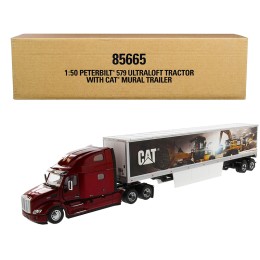 Peterbilt 579 UltraLoft Truck Tractor Red with 'CAT Caterpillar' Mural Dry Van Trailer 'Transport Series' 1/50 Diecast Model by Diecast Masters