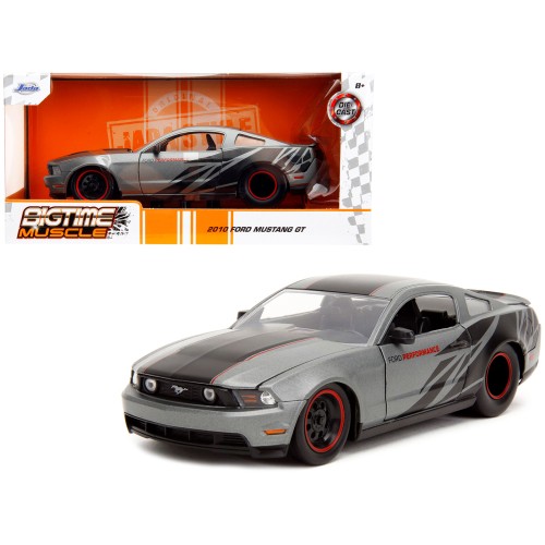 2010 Ford Mustang GT Matt Gray Metallic with Black Graphics and Stripes 'Ford Performance' 'Bigtime Muscle' Series 1/24 Diecast Model Car by Jada