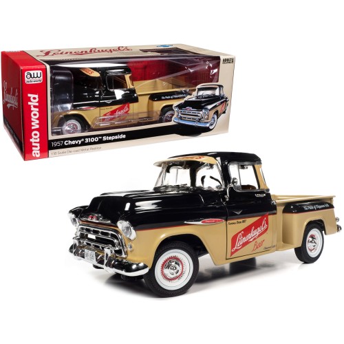 1957 Chevrolet 3100 Stepside Pickup Truck Black and Tan with Graphics 'Leinenkugle's Beer The Pride of Chippewa Falls' 1/18 Diecast Model by Auto World