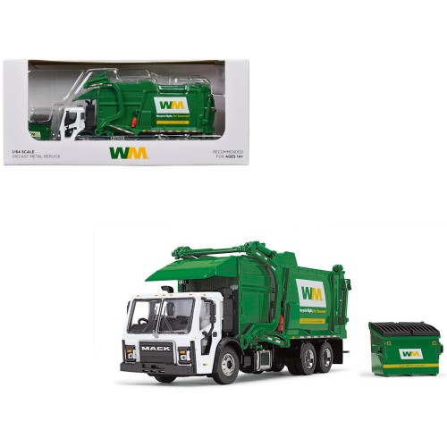 Mack LR Garbage Truck with McNeilus Meridian Front Load Refuse Body White and Green with Refuse Bin 'Waste Management' 1/64 Diecast Model by First Gear