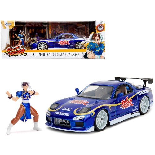 1993 Mazda RX-7 Candy Blue Metallic with Graphics and Chun-Li Diecast Figure 'Street Fighter' Video Game 'Anime Hollywood Rides' Series 1/24 Diecast Model Car by Jada