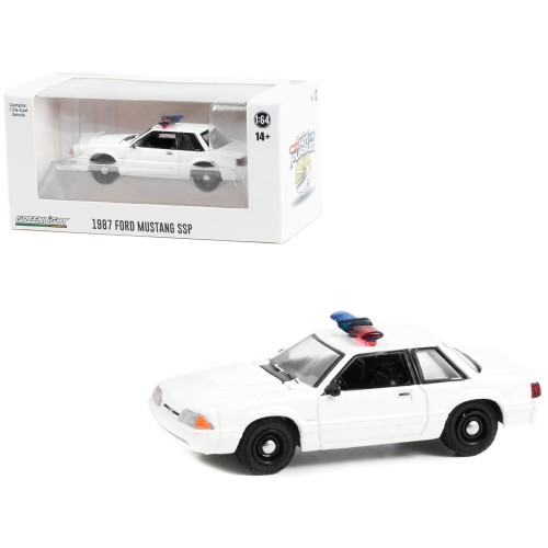 1987-1993 Ford Mustang SSP White Police Car with Light Bar 'Hot Pursuit' 'Hobby Exclusive' Series 1/64 Diecast Model Car by Greenlight