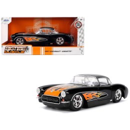 1957 Chevrolet Corvette Black with Flame Graphics and White Interior 'Bigtime Muscle' Series 1/24 Diecast Model Car by Jada